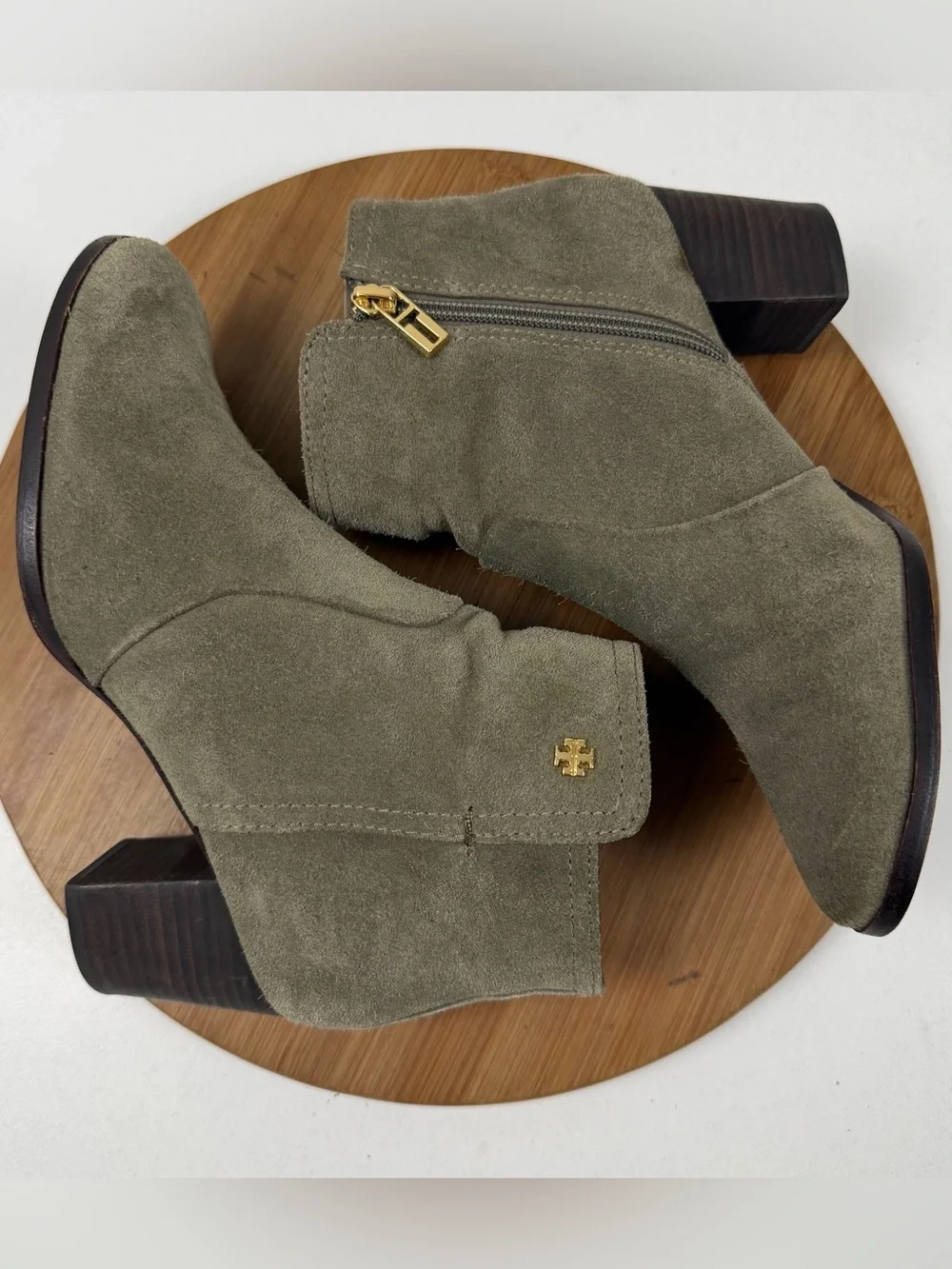 Tory Burch Sabe Olive Green Suede Block Heel Ankle Boots